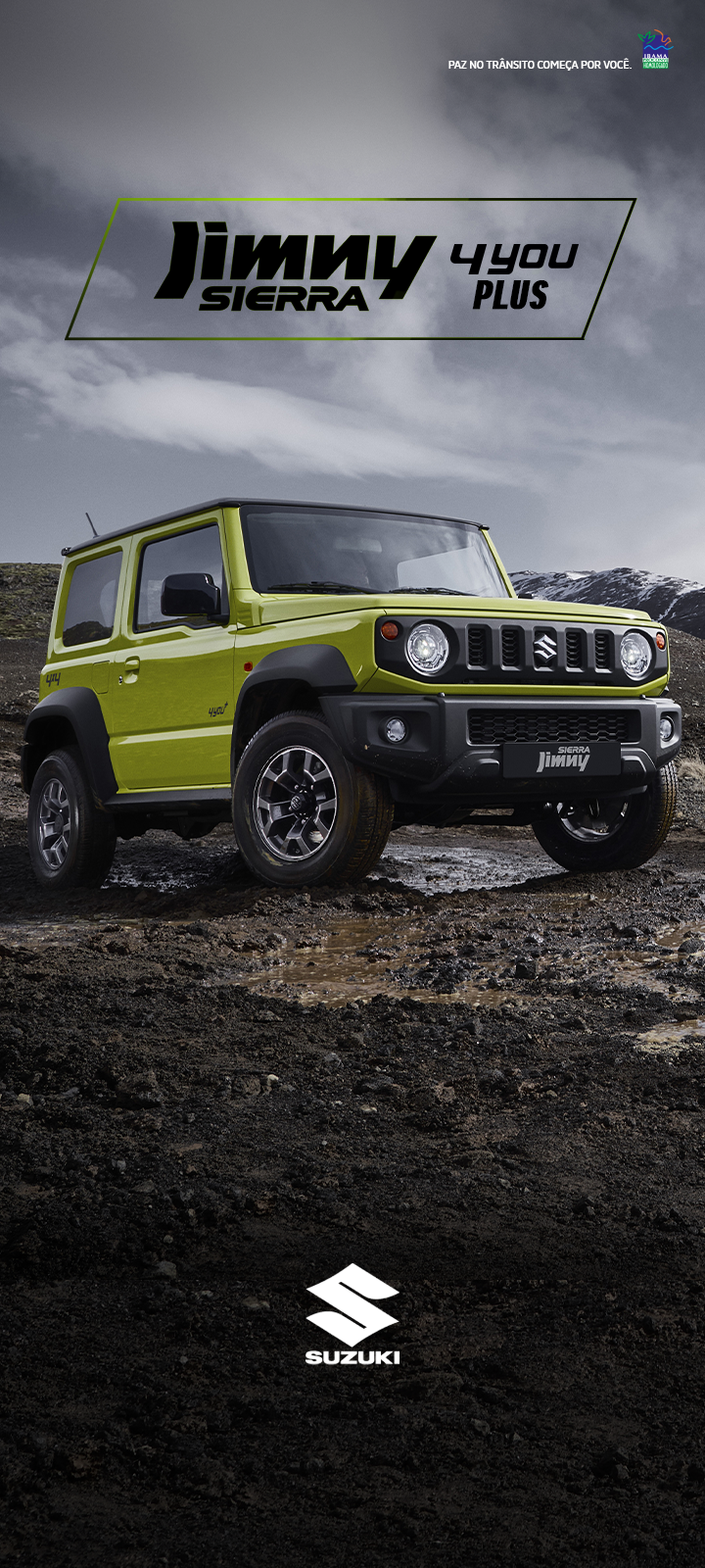 Banner de lançamento do Suzuki Jimny Sierra 4YOU Plus. Apresenta o carro na cor verde em um ambiente off-road.